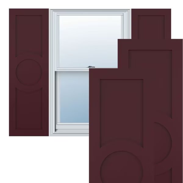 True Fit PVC Center Circle Arts & Crafts Fixed Mount Shutters, Wine Red, 15